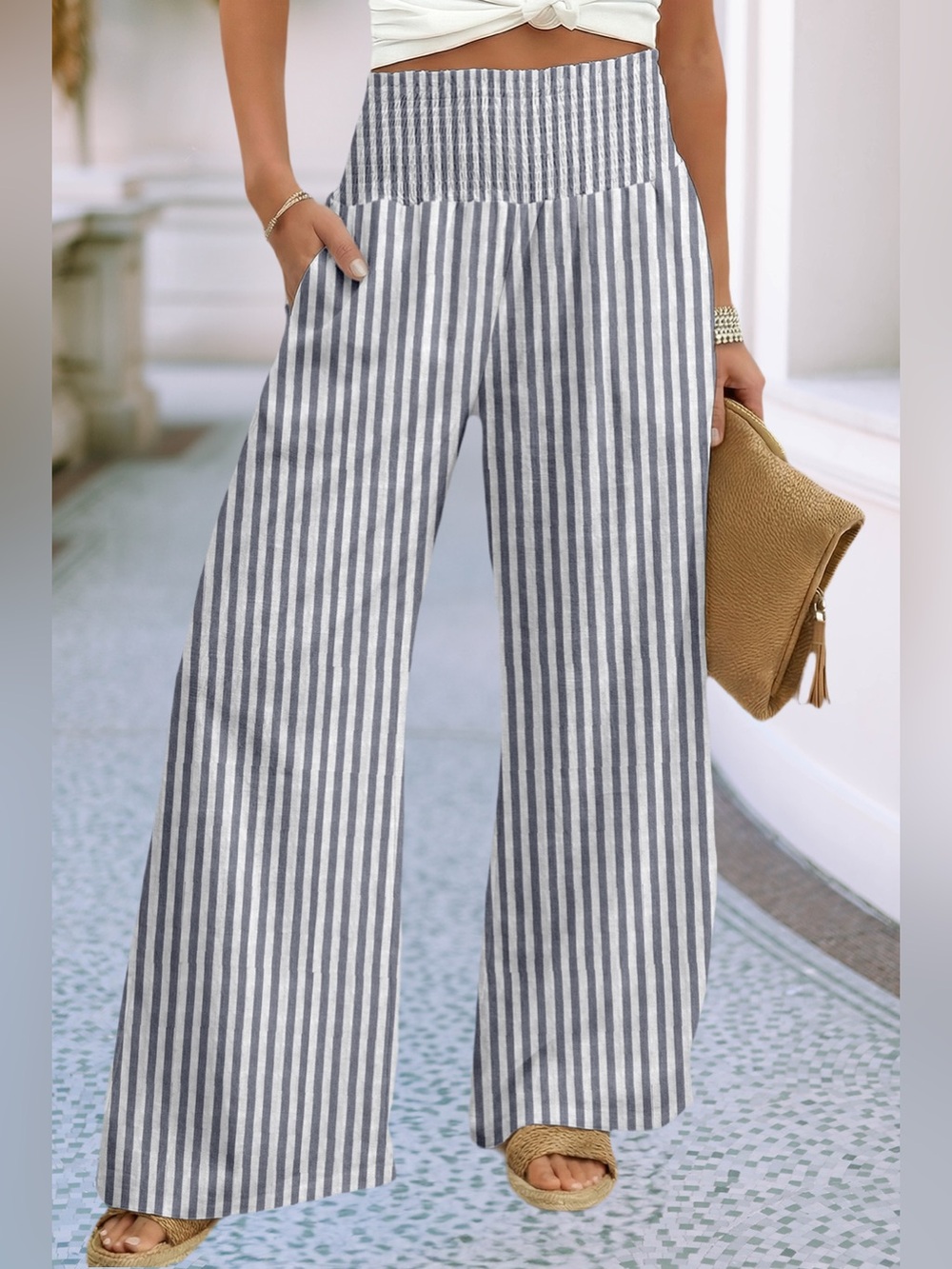 Striped Wide-Leg Trousers - Gray & White